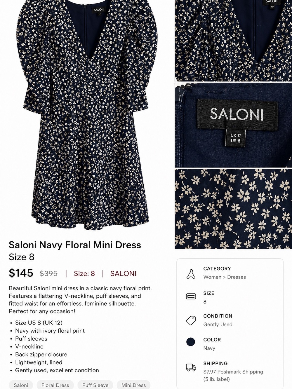 SALONI Navy and Ivory Floral V-Neck Mini Dress